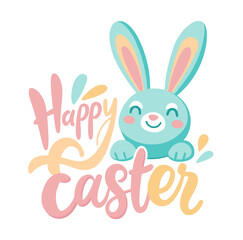 Smiling Blue Bunny Face with Pastel Happy Easter Typography Design
