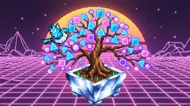 Pixel Art Cyber Bonsai Tree Growing Digital Flowers in Synthwave Landscape