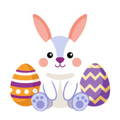  White Easter Rabbit Sitting Between Patterned Eggs Illustration