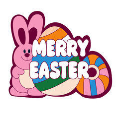 Pink Bunny Mascot with Large Colorful Easter Egg and Bold Text