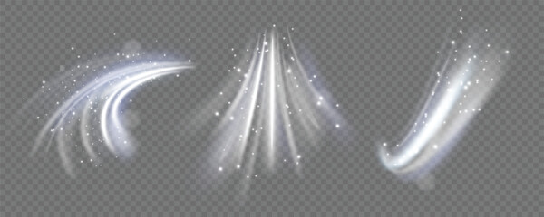 Fototapeta premium White translucent wind streams with light sparkles and soft motion blur. Visual effect of winter swirl, cold wind gust or airflow from air conditioner on transparent background.