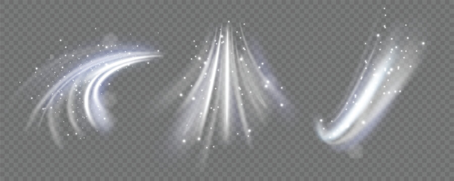 White translucent wind streams with light sparkles and soft motion blur. Visual effect of winter swirl, cold wind gust or airflow from air conditioner on transparent background.