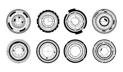 Set of eight circular futuristic HUD interface elements technology © AIGen Studio