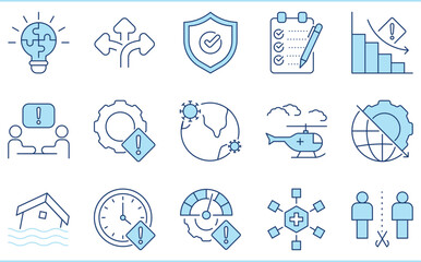 A set of flat icons related to Crisis Management. Crisis, pandemic, rescue, risky, health service, and so on.