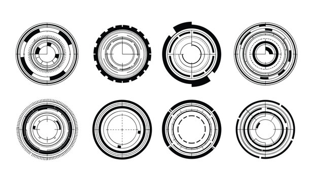 Set of eight circular futuristic HUD interface elements technology