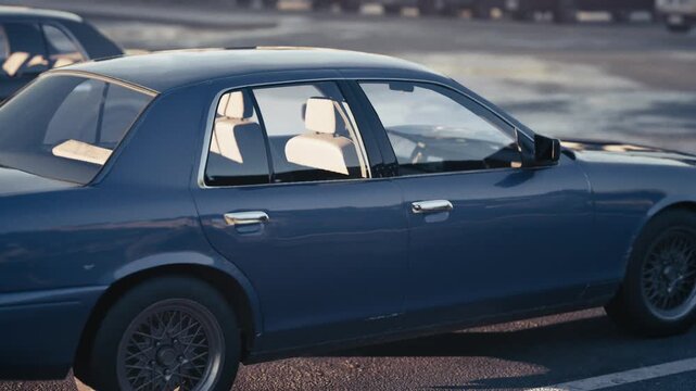 A classic blue car is parked in an empty lot, reflecting the soft golden hues of sunset. The vehicle elegant design highlights its vintage charm and well maintained condition.