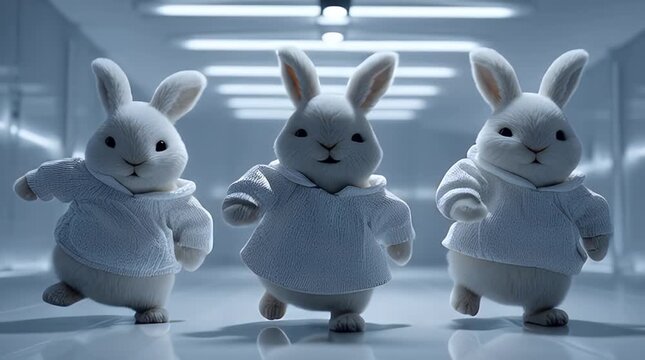 Three animated white rabbits in futuristic hallway with bright lighting