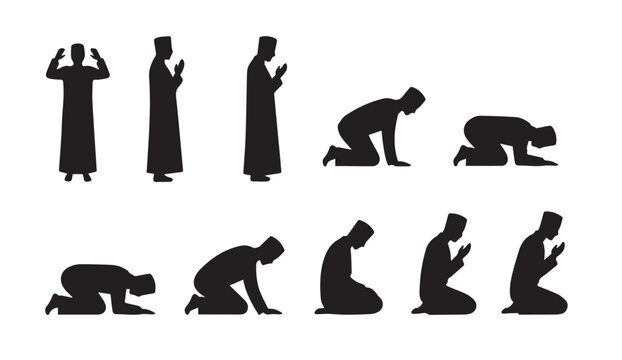 Silhouette of Muslim man performing various prayer positions in Islam, Salat or Namaz.
