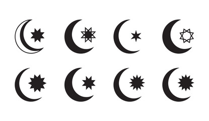 Fototapeta premium Vector set of crescent moon and star symbols in various designs and styles, isolated on white background.