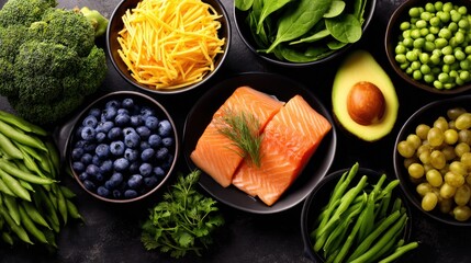 Top-down view of colorful vegetables with salmon fillets presenting fresh produce on a dark textured backdrop!