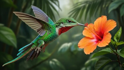 Obraz premium A vibrant hummingbird in flight with an orange flower in its beak, surrounded by lush green foliage and tropical plants.