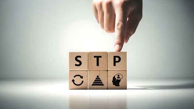 Hand arranging wooden blocks with business strategy letters stp