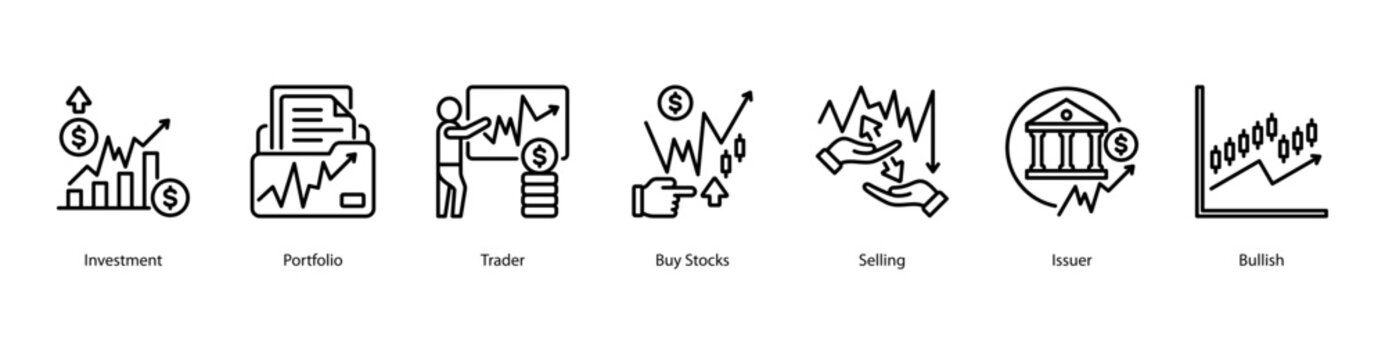 Investment Strategies web banner icon vector illustration featuring Investment, Portfolio, Trader, Buy Stocks, Selling, Issuer, and Bullish.