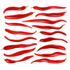 Collection of red chili peppers isolated on transparent background