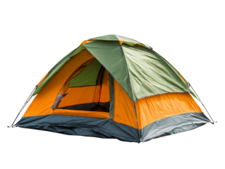 A vibrant camping tent set against an inviting outdoors scene Isolated Transparent Background, PNG