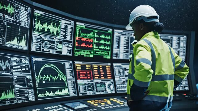 Engineer interacting with futuristic interface in control room with multiple screens and graphs