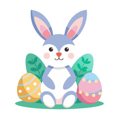 Cute Easter Bunny Sitting with Colorful Painted Eggs and Floral Elements