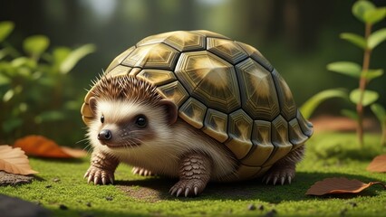 A hedgehog with a turtle shell standing on a grassy patch with leaves in the background.