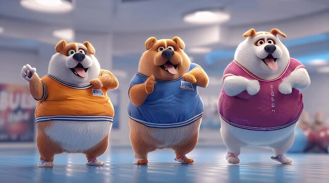 Three animated dogs in colorful outfits dancing joyfully indoors