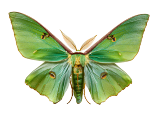 A detailed view of a Luna moth with vibrant green wings displayed against a background Isolated Transparent Background, PNG