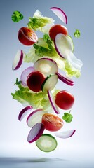 Vertical arrangement of fresh vegetables and greens&mdash;tomatoes, cucumbers, radishes, onions, lettuce&mdash;floating.!!