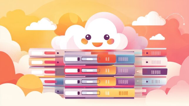 Animated cloud smiles atop a stack of server hardware against an orange and pink sky
