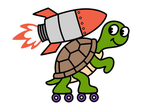 A speedy turtle with roller skates and a rocket strapped to its back, ready for adventure