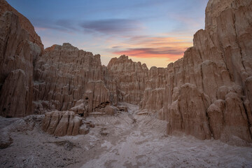 Beautiful sunset over a rural Nevada desert rock formation near Cathedral Gorge State Park