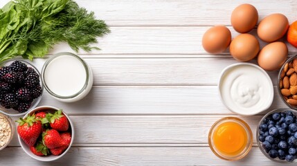Top-down view of a white wooden table with fresh berries, greens, dairy, eggs, juice, and nuts. with soft glow