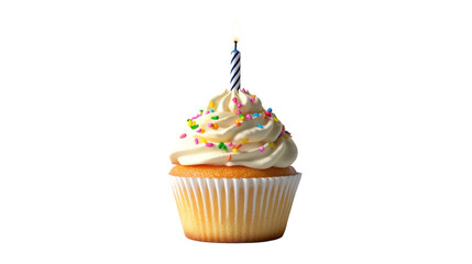Delicious birthday cupcake with frosting and sprinkles on transparent background