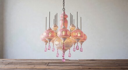 Pink and gold chandelier with crystals hanging from a wooden surface against a white wall