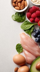 Vertical arrangement of fresh foods salmon eggs avocado almonds berries greens on a light beige background.!!