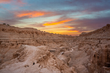 Gorgeous sunset colors over Cathedral Gorge State Park in Nevada 