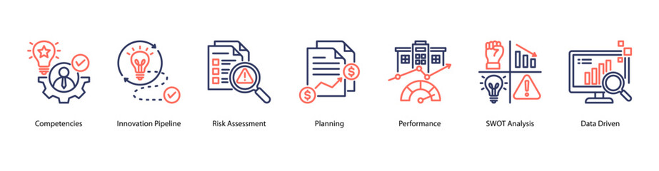 Data Driven Strategy web banner vector illustration featuring Competencies, Innovation Pipeline, Risk Assessment, Planning, Performance, SWOT Analysis, and Data Driven.