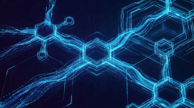 Abstract blue digital blockchain network background with hexagonal patterns,representing secure data exchange,cryptocurrency and decentralized technology - Powered by Adobe