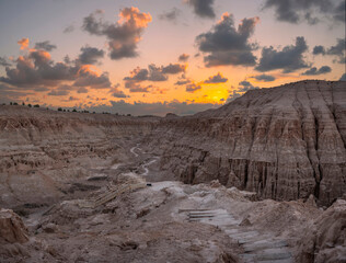 Trail leading into Cathedral Gorge at Sunset in rural Nevada 
