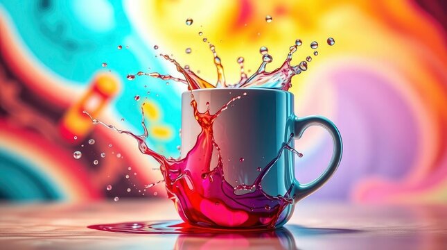 A vibrant burst of colorful liquid splashes dynamically from a sleek, blue mug. The liquid, a striking blend of red, pink, and purple hues, erupts outwards, forming intricate patterns of suspended dro