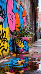 Fototapeta premium A vibrant potted plant stands defiantly on a wet urban ground, its colorful container mirroring the dynamic graffiti art adorning the weathered wall behind it. Bright hues of pink, blue, yellow, and o