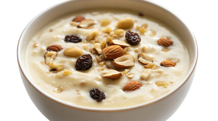 Creamy yogurt dessert with nuts and raisins on transparent background