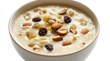 Creamy oatmeal with nuts and dried fruits on transparent background