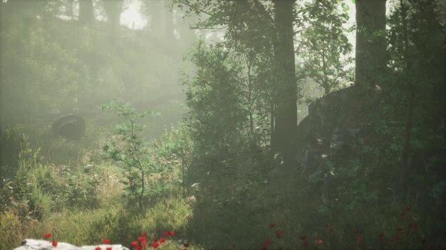 Sunlight gently streams through tall trees in a serene forest, illuminating a vibrant patch of red flowers amidst the morning mist and lush greenery surrounding the area.