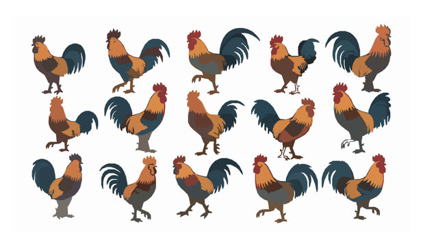 Rooster cock collection vector illustration farm poultry birds isolated on white