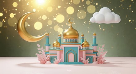 Fototapeta premium A colorful illustration of a mosque with a crescent moon and cloud in the night sky with stars and bokeh lights shining brightly around it