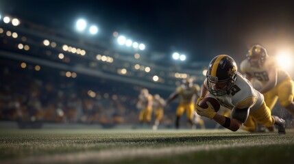American Football Player Diving for a Touchdown in a Packed Stadium at Night