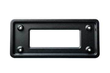 Obraz premium Black license plate holder frame with a clean rectangular opening, visible mounting holes, subtle plastic texture grain, and crisp automotive accessory edges isolated on transparent background.