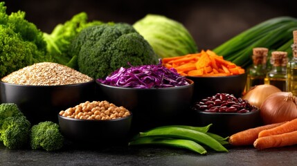 A vibrant display of fresh vegetables and spices on a dark surface, with bowls of seeds, and colorful produce