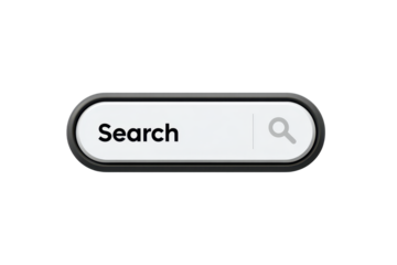 Minimalist search bar UI element with the word Search and a small magnifying glass icon, rounded rectangle input field, clean crisp edges, and subtle depth shading isolated on transparent background.