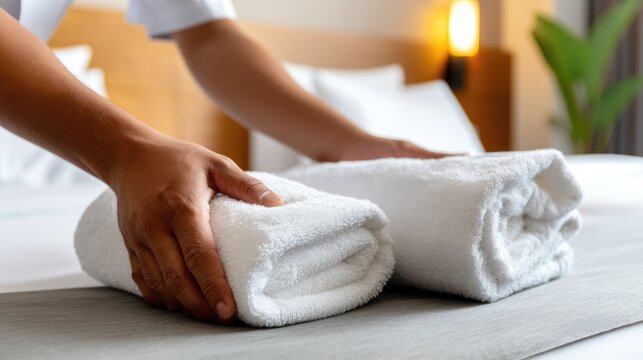Room service staff places folded towels on a bed in a hotel room with natural light and a simple background