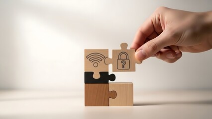 Hand placing puzzle piece with lock and wifi symbol on wooden blocks