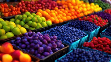 Vibrant market fruit display with neatly arranged trays of citrus, grapes, and berries in bright hues outside!